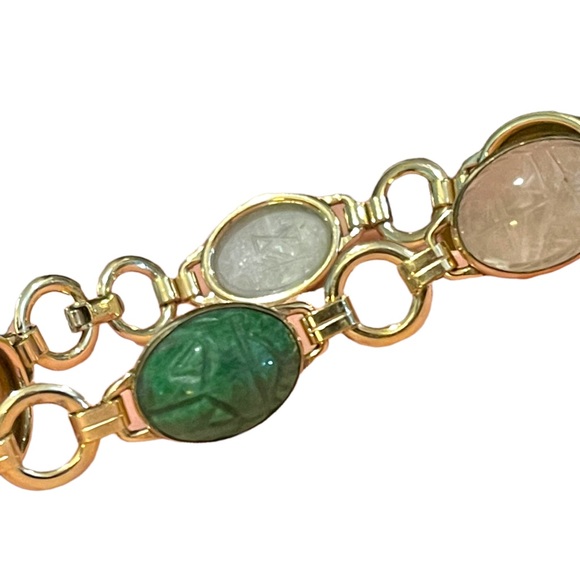 Vintage 10K Gold Filled Egypt SCARAB carved stone bug link bracelet - Picture 3 of 10